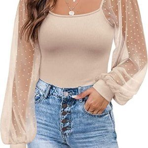 Dorose Womens Extra Large Beige Casual Blouse Mesh Long Sleeve Shirt